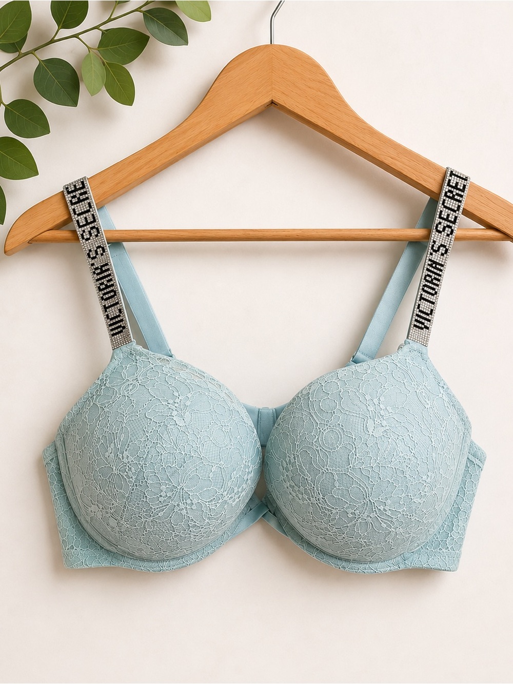Victoria’s Secret Bombshell Push-Up Bra 36D Lace rhinestone straps teal blue/grn